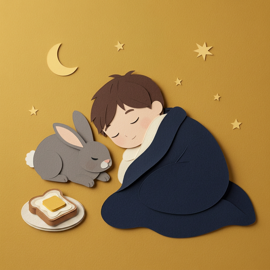 Paper-cut illustration of a sleeping child with a grey rabbit and a plate of buttered toast